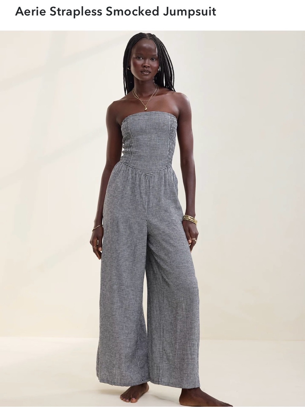 aerie Strapless Smocked Jumpsuit in Black & White Gingham